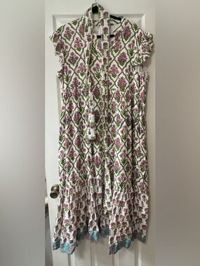 Victoria Dunn White Midi Dress with Pink Floral & Green Vine Print